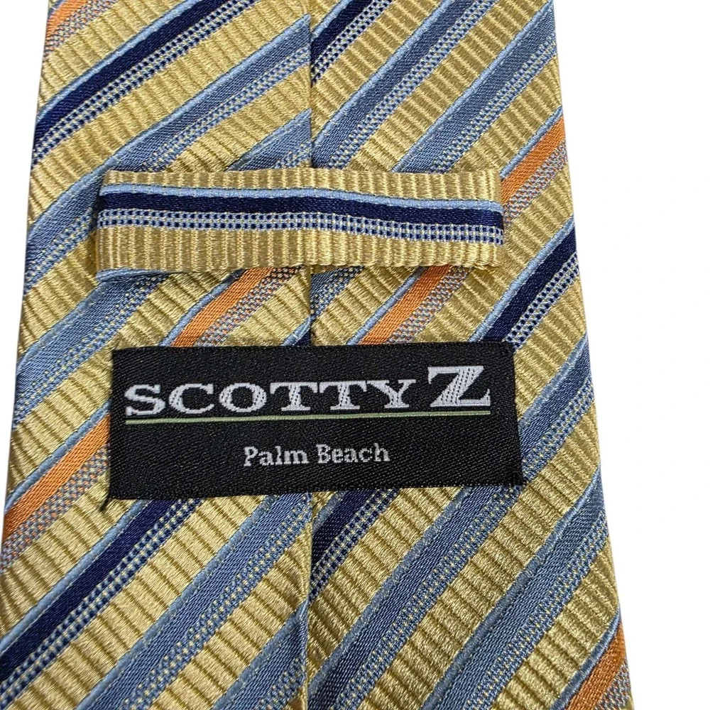 SCOTTY Z Palm Beach Silk Mens Yellow Blue Striped Necktie XL Hand Made Luxury‎